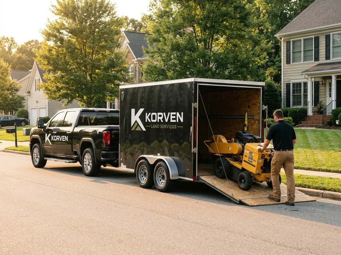 Korven Land Services truck and trailer with a stump grinder on the ramp