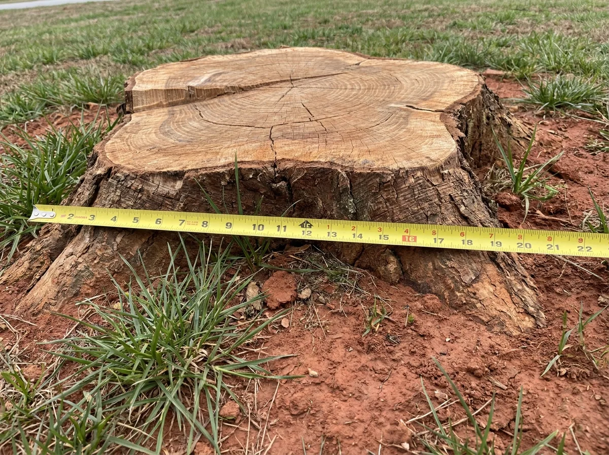 Tape measure laid across a hardwood stump at ground level spanning the root flare, showing how to measure effective diameter