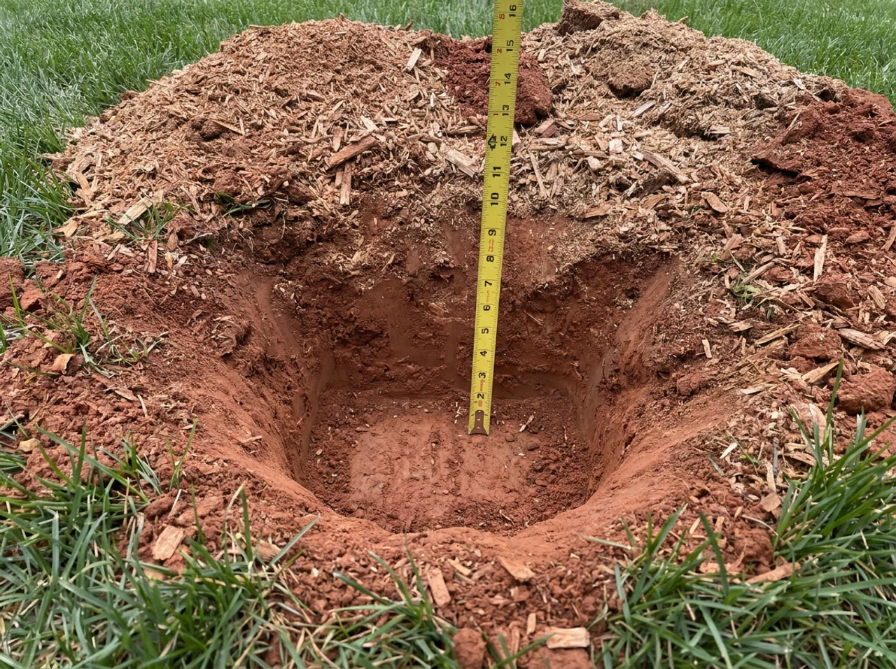 Freshly ground stump void in a lawn with red Piedmont clay walls and a tape measure standing in the hole to show depth