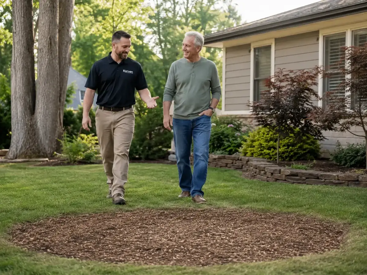 Korven crew member walking a finished job with the homeowner